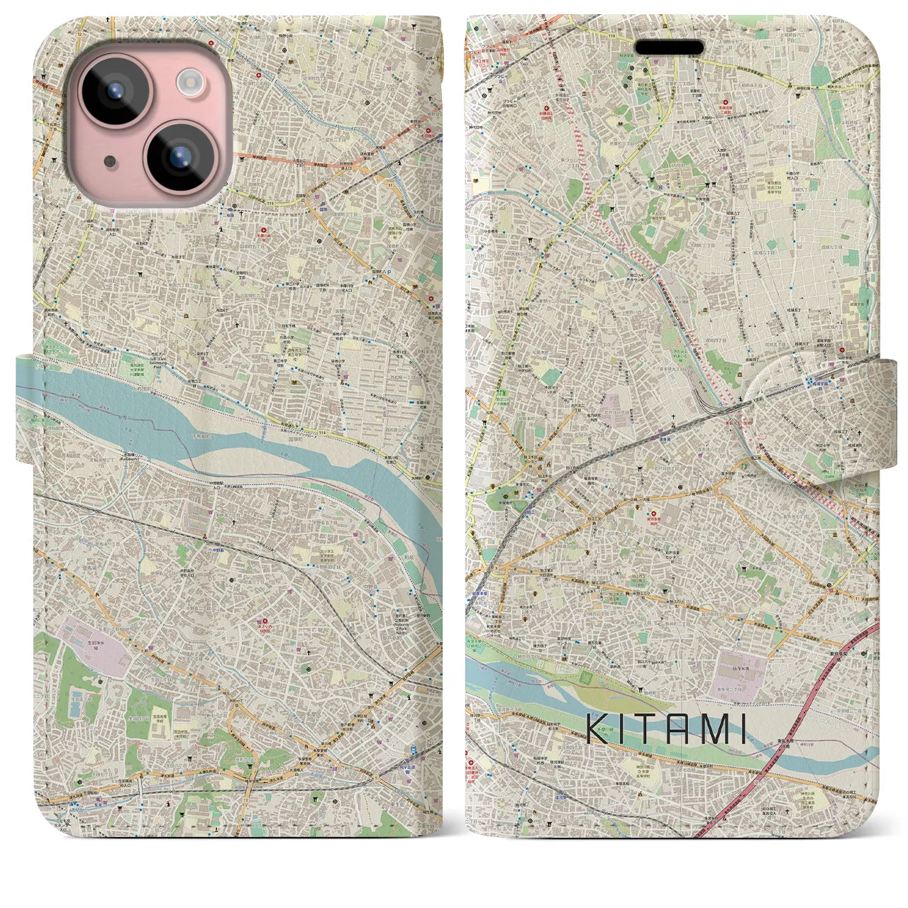 【喜多見(東京都)】地図柄iPhoneケース(手帳タイプ)ナチュラル・iPhone 15 Plus 用