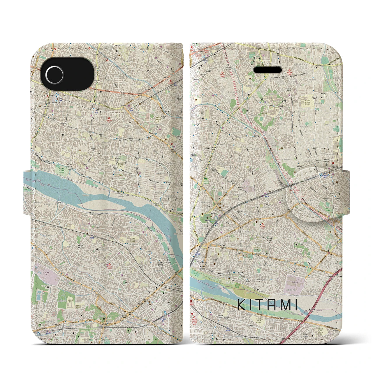 【喜多見(東京都)】地図柄iPhoneケース(手帳タイプ)ナチュラル・iPhone SE(第3 / 第2世代) / 8 / 7 / 6s / 6 用