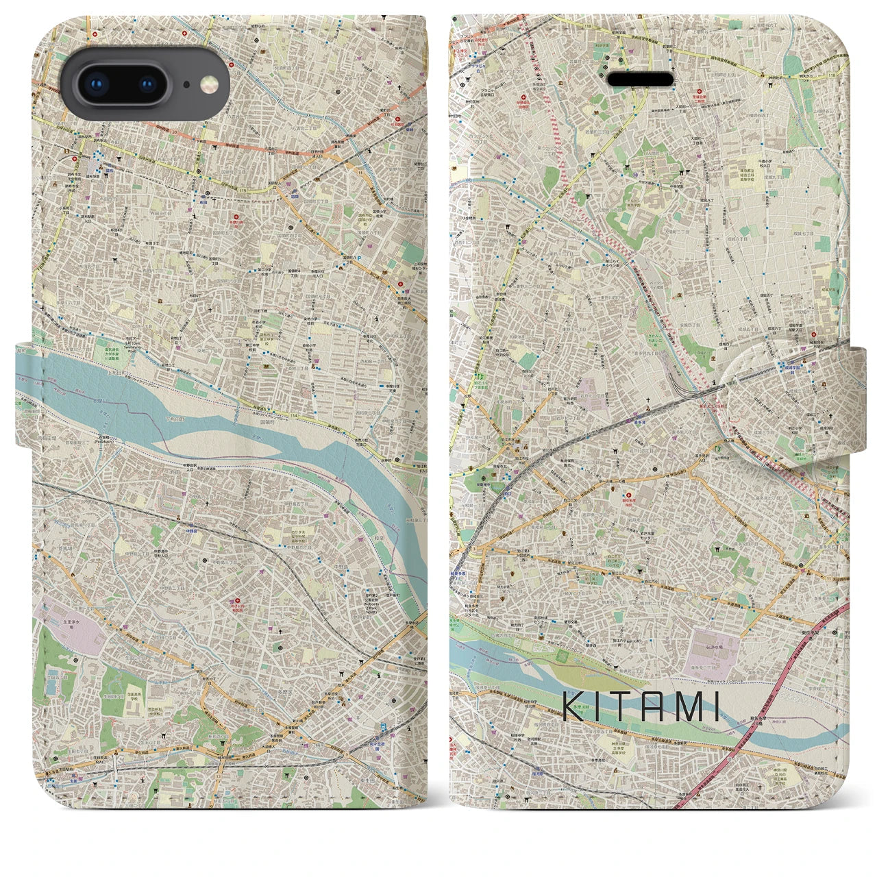 【喜多見(東京都)】地図柄iPhoneケース(手帳タイプ)ナチュラル・iPhone 8Plus /7Plus / 6sPlus / 6Plus 用