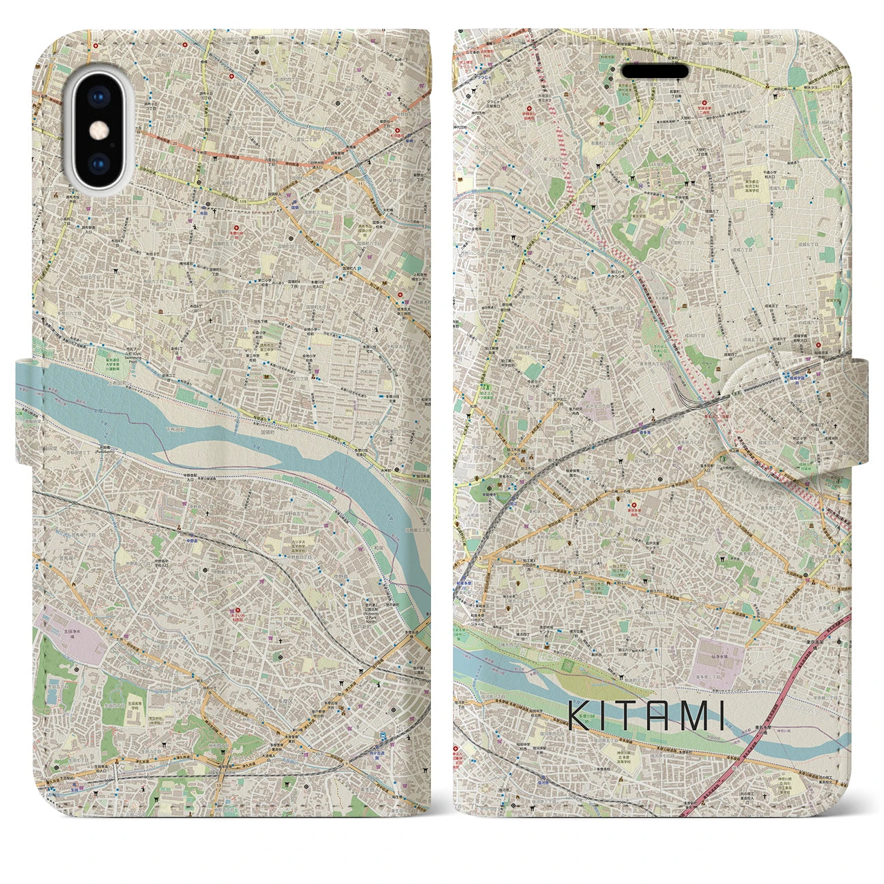 【喜多見(東京都)】地図柄iPhoneケース(手帳タイプ)ナチュラル・iPhone XS Max 用