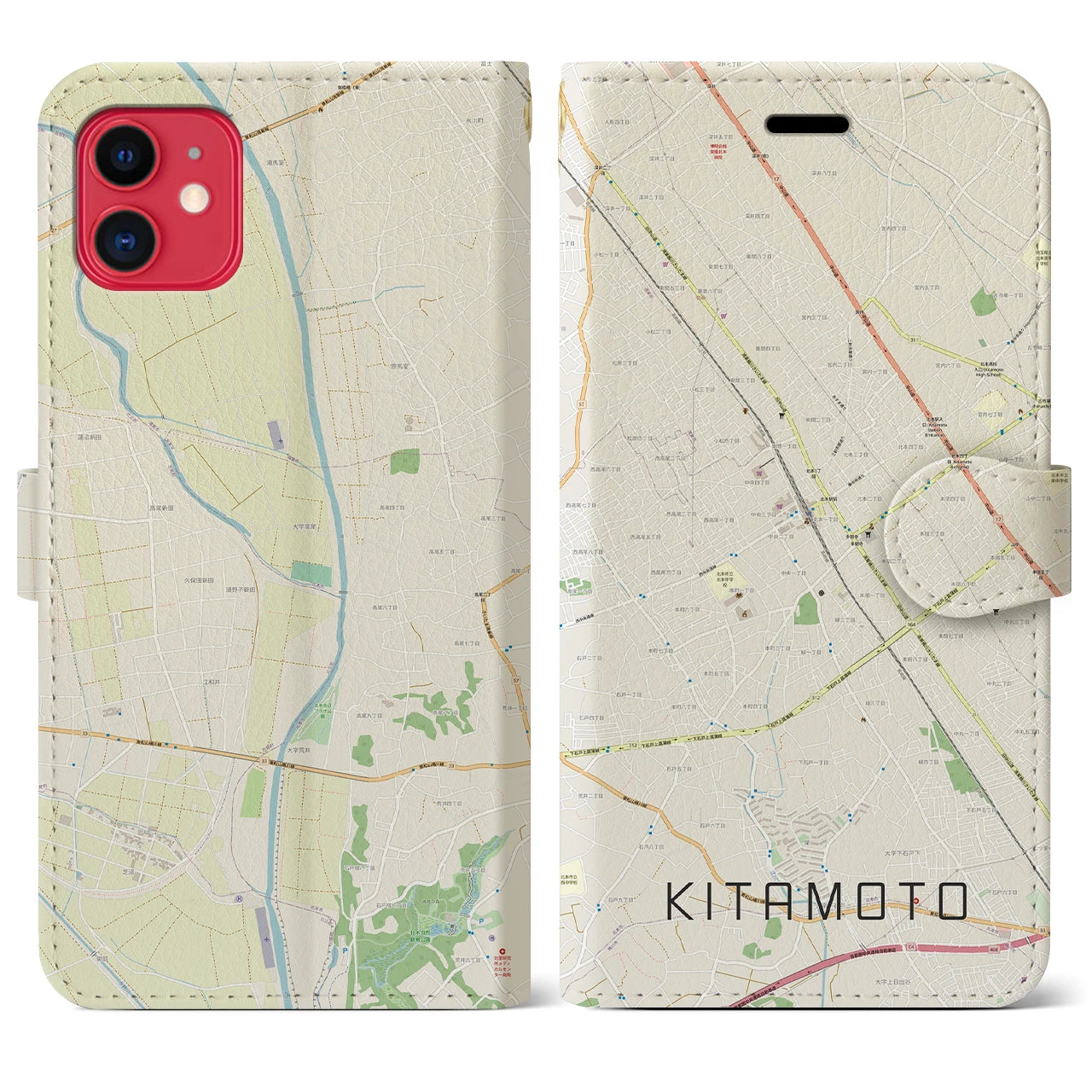 【北本(埼玉県)】地図柄iPhoneケース(手帳タイプ)ナチュラル・iPhone 11 用