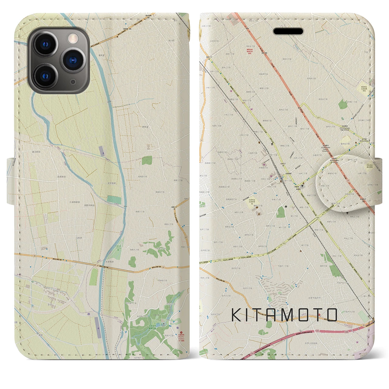 【北本(埼玉県)】地図柄iPhoneケース(手帳タイプ)ナチュラル・iPhone 11 Pro Max 用