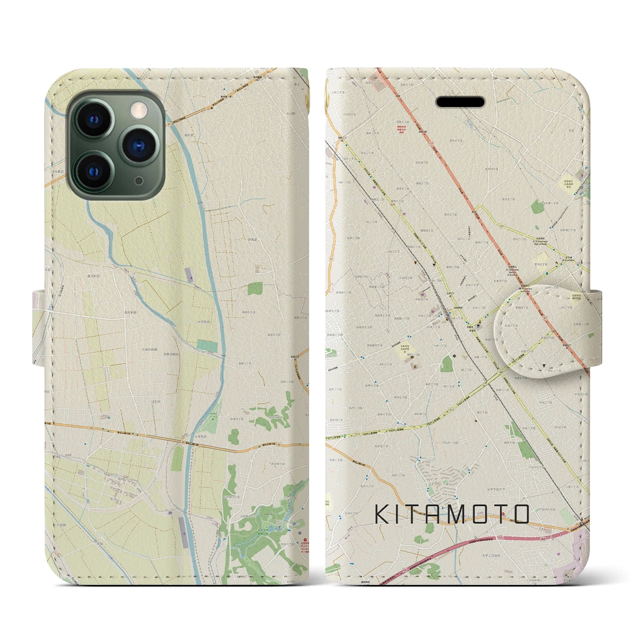 【北本(埼玉県)】地図柄iPhoneケース(手帳タイプ)ナチュラル・iPhone 11 Pro 用