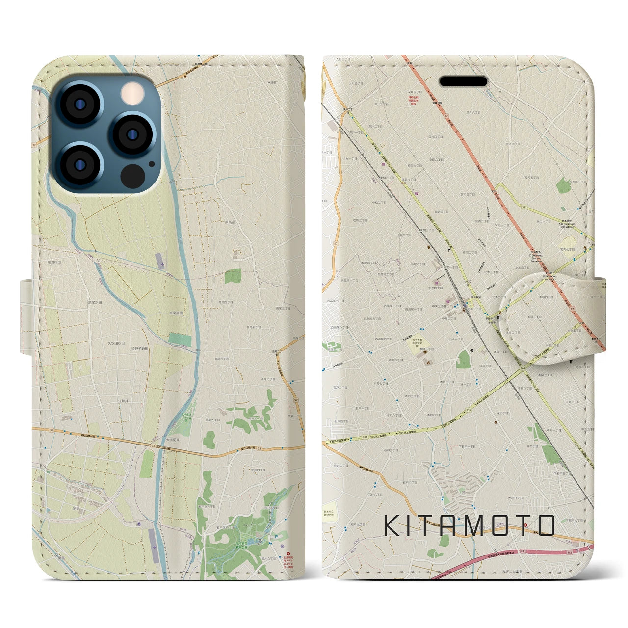 【北本(埼玉県)】地図柄iPhoneケース(手帳タイプ)ナチュラル・iPhone 12 / 12 Pro 用