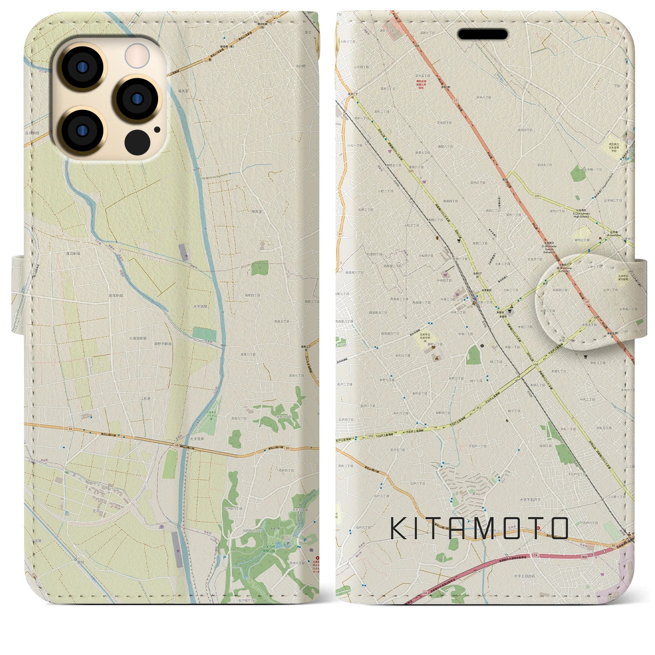 【北本(埼玉県)】地図柄iPhoneケース(手帳タイプ)ナチュラル・iPhone 12 Pro Max 用