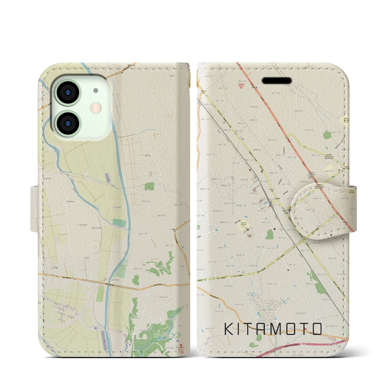 【北本(埼玉県)】地図柄iPhoneケース(手帳タイプ)ナチュラル・iPhone 12 mini 用