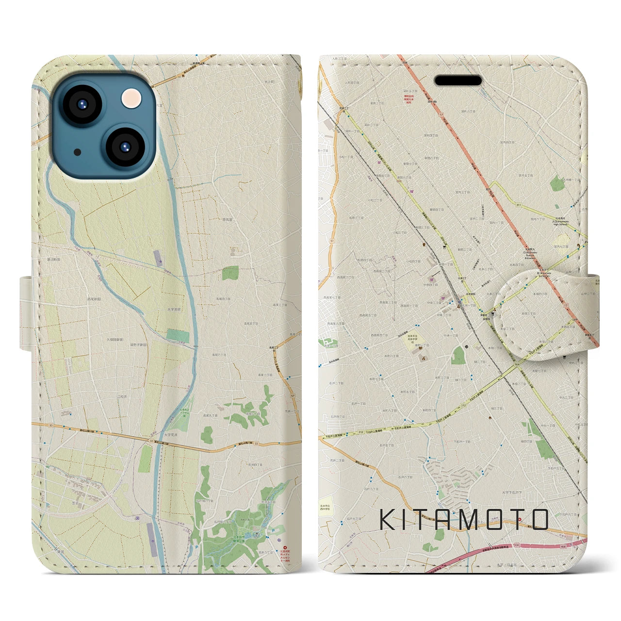 【北本(埼玉県)】地図柄iPhoneケース(手帳タイプ)ナチュラル・iPhone 13 用