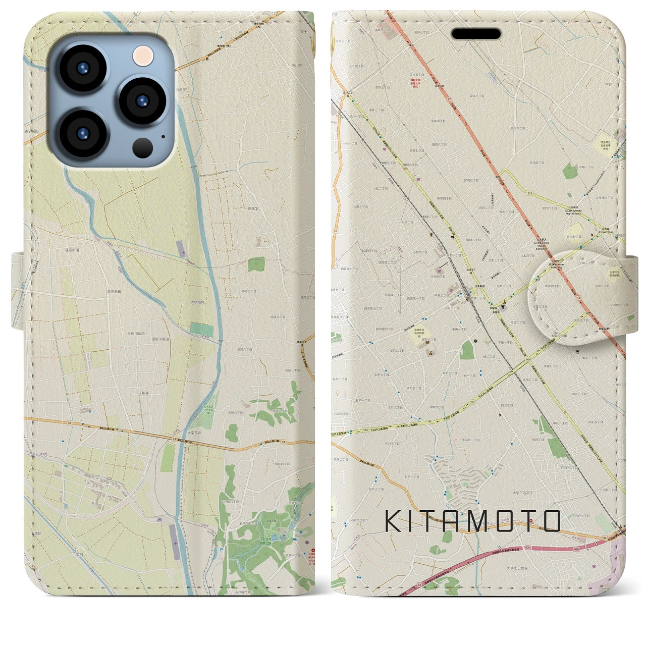 【北本(埼玉県)】地図柄iPhoneケース(手帳タイプ)ナチュラル・iPhone 13 Pro Max 用