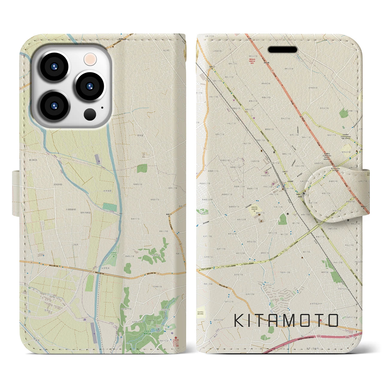 【北本(埼玉県)】地図柄iPhoneケース(手帳タイプ)ナチュラル・iPhone 13 Pro 用