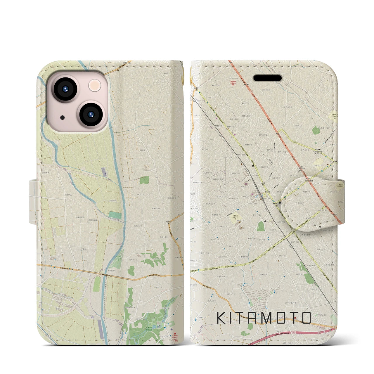 【北本(埼玉県)】地図柄iPhoneケース(手帳タイプ)ナチュラル・iPhone 13 mini 用