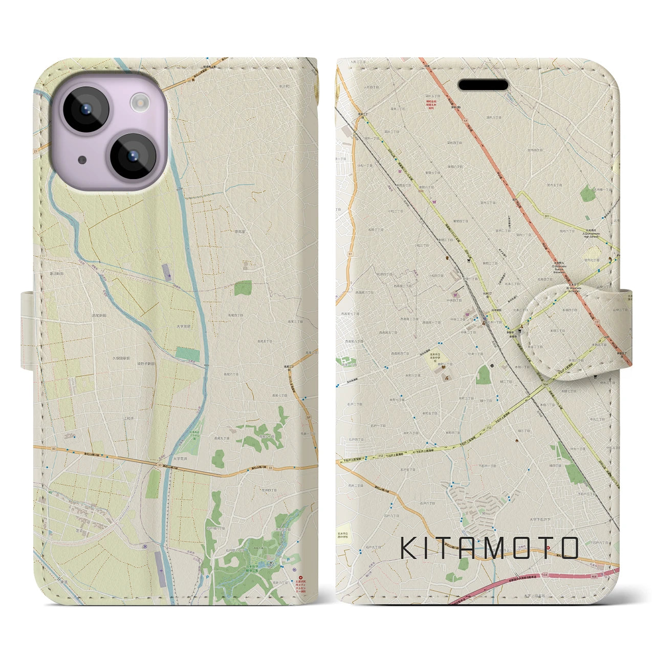 【北本(埼玉県)】地図柄iPhoneケース(手帳タイプ)ナチュラル・iPhone 14 用