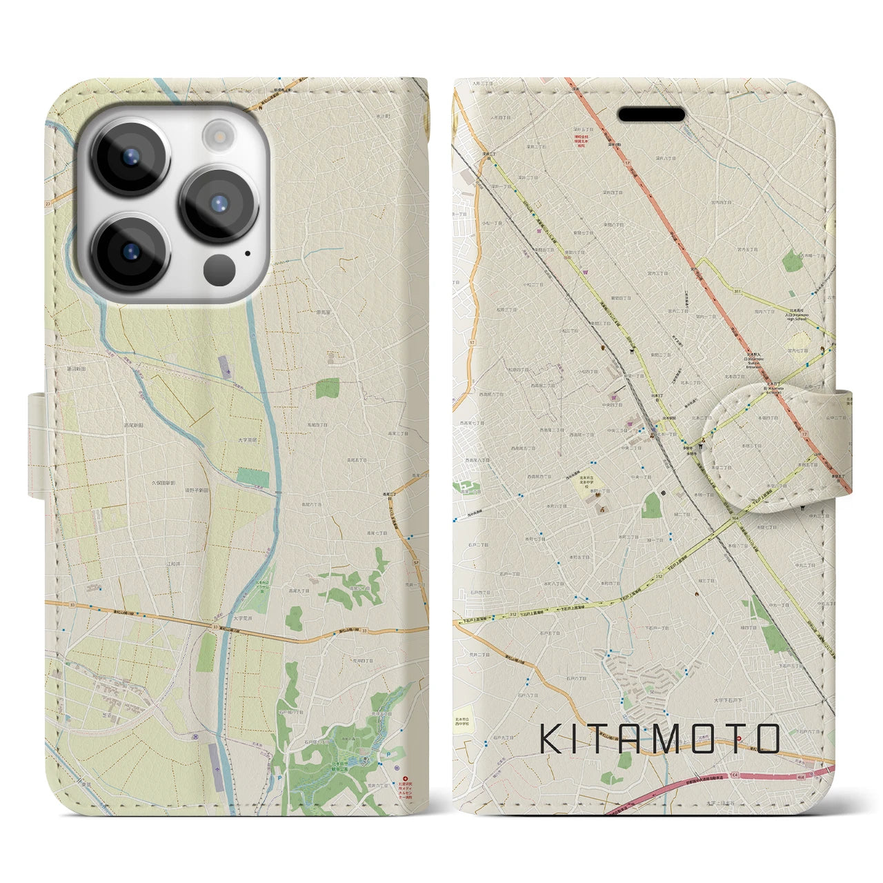 【北本(埼玉県)】地図柄iPhoneケース(手帳タイプ)ナチュラル・iPhone 14 Pro 用