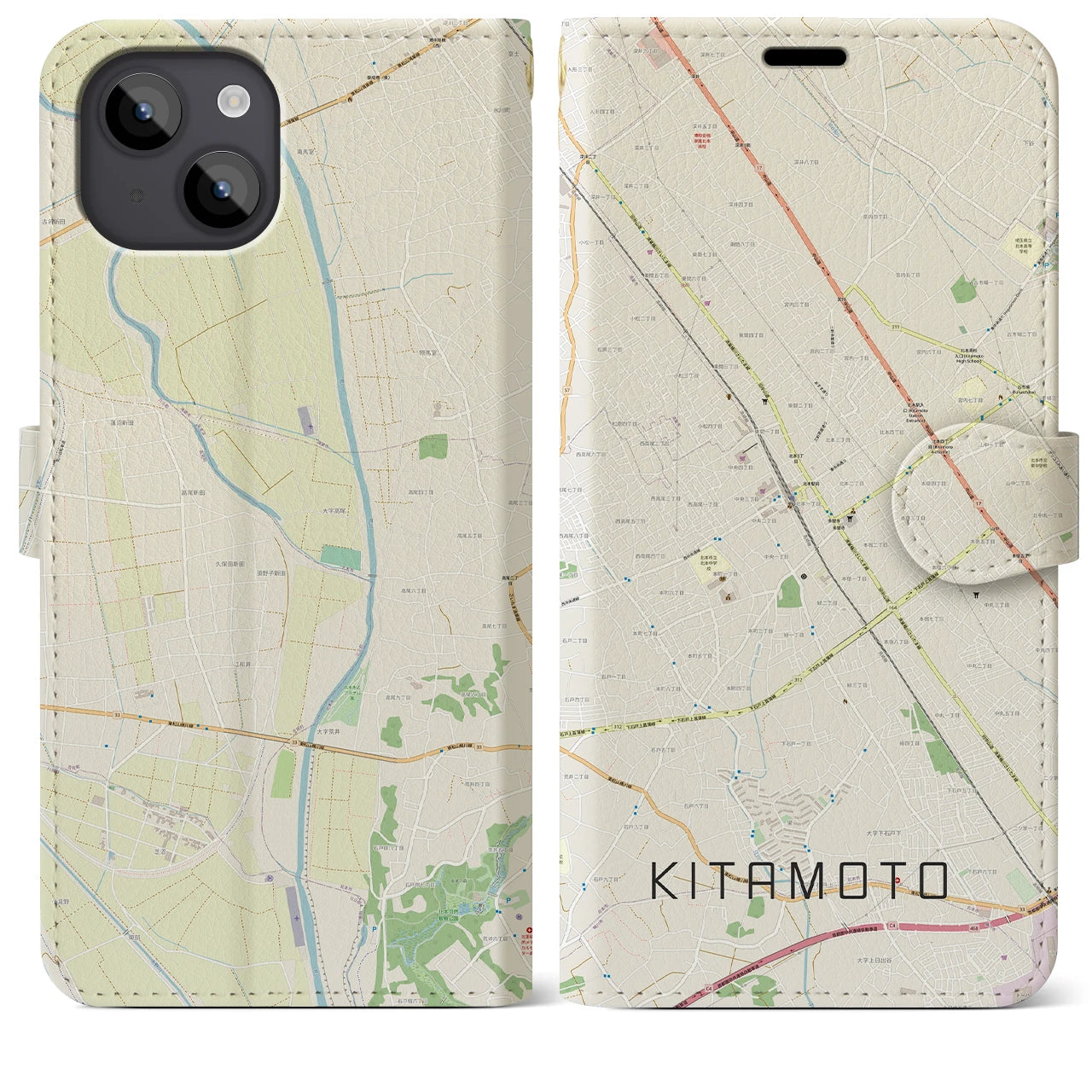 【北本(埼玉県)】地図柄iPhoneケース(手帳タイプ)ナチュラル・iPhone 14 Plus 用
