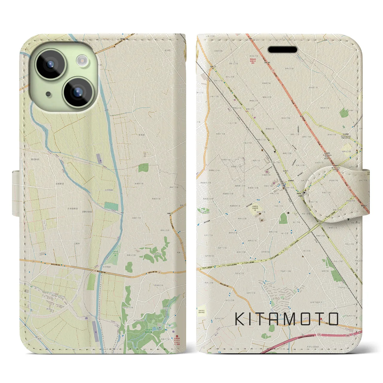 【北本(埼玉県)】地図柄iPhoneケース(手帳タイプ)ナチュラル・iPhone 15 用