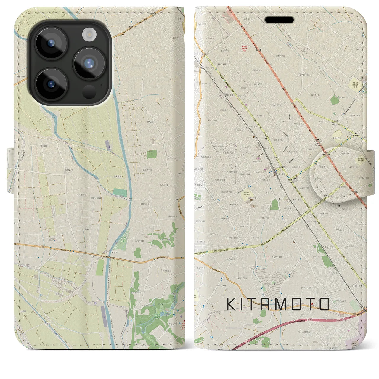 【北本(埼玉県)】地図柄iPhoneケース(手帳タイプ)ナチュラル・iPhone 15 Pro Max 用