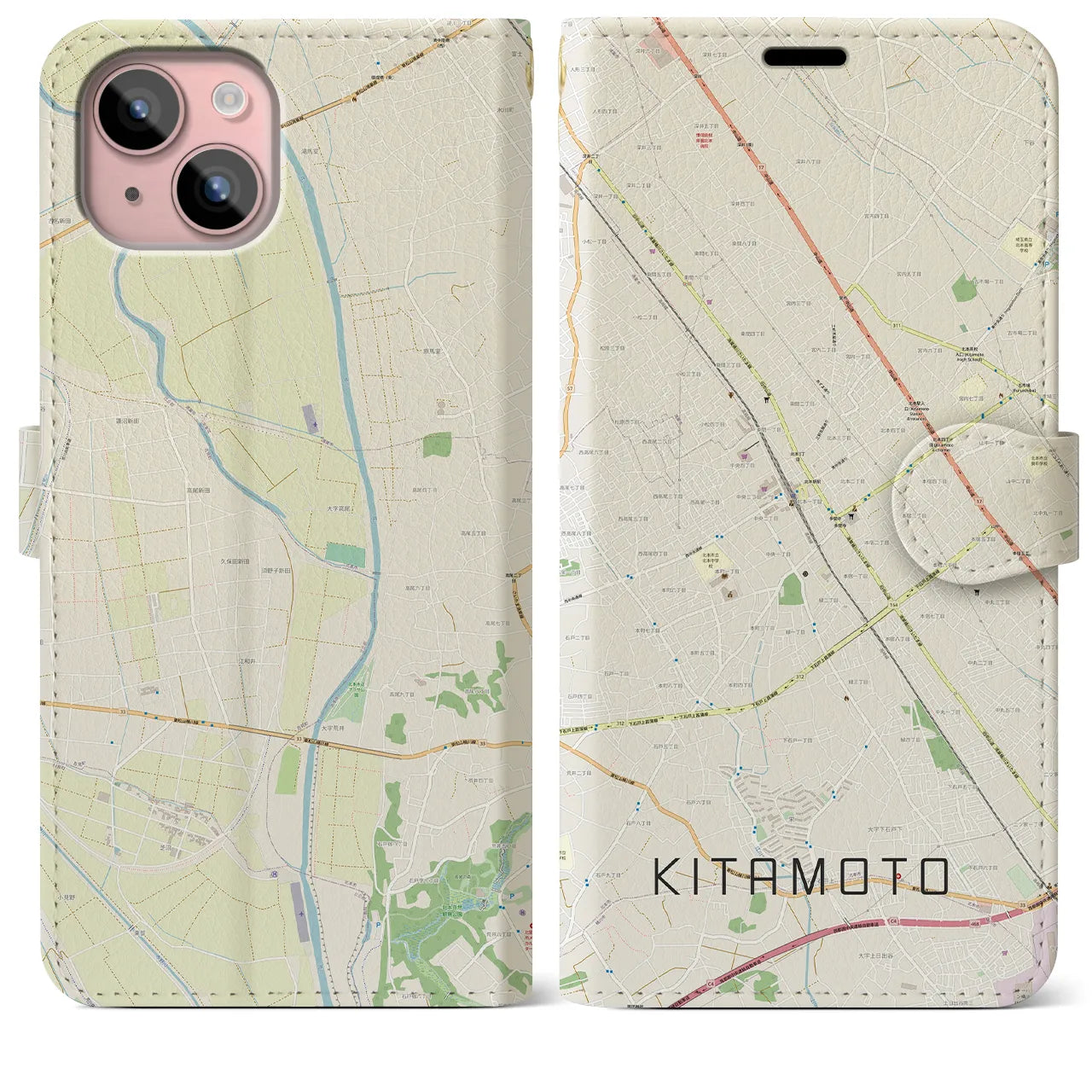 【北本(埼玉県)】地図柄iPhoneケース(手帳タイプ)ナチュラル・iPhone 15 Plus 用