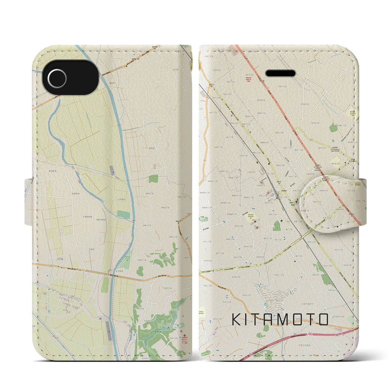【北本(埼玉県)】地図柄iPhoneケース(手帳タイプ)ナチュラル・iPhone SE(第3 / 第2世代) / 8 / 7 / 6s / 6 用