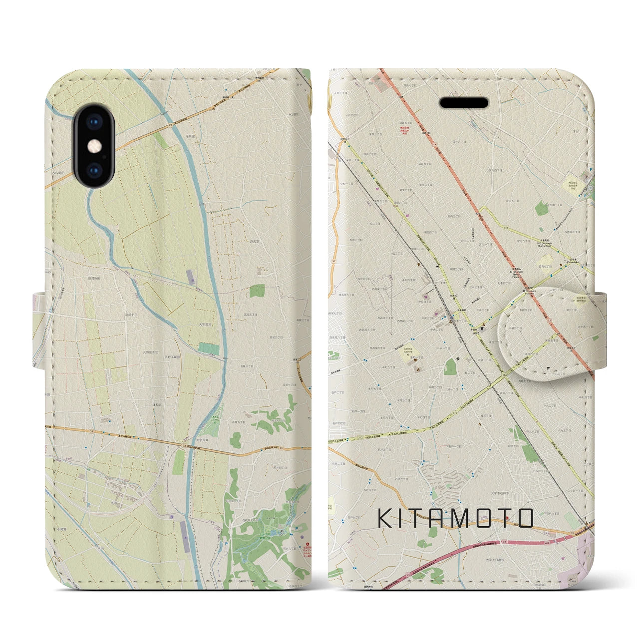 【北本(埼玉県)】地図柄iPhoneケース(手帳タイプ)ナチュラル・iPhone XS / X 用
