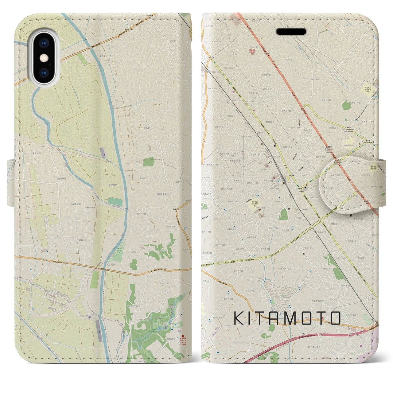 【北本(埼玉県)】地図柄iPhoneケース(手帳タイプ)ナチュラル・iPhone XS Max 用