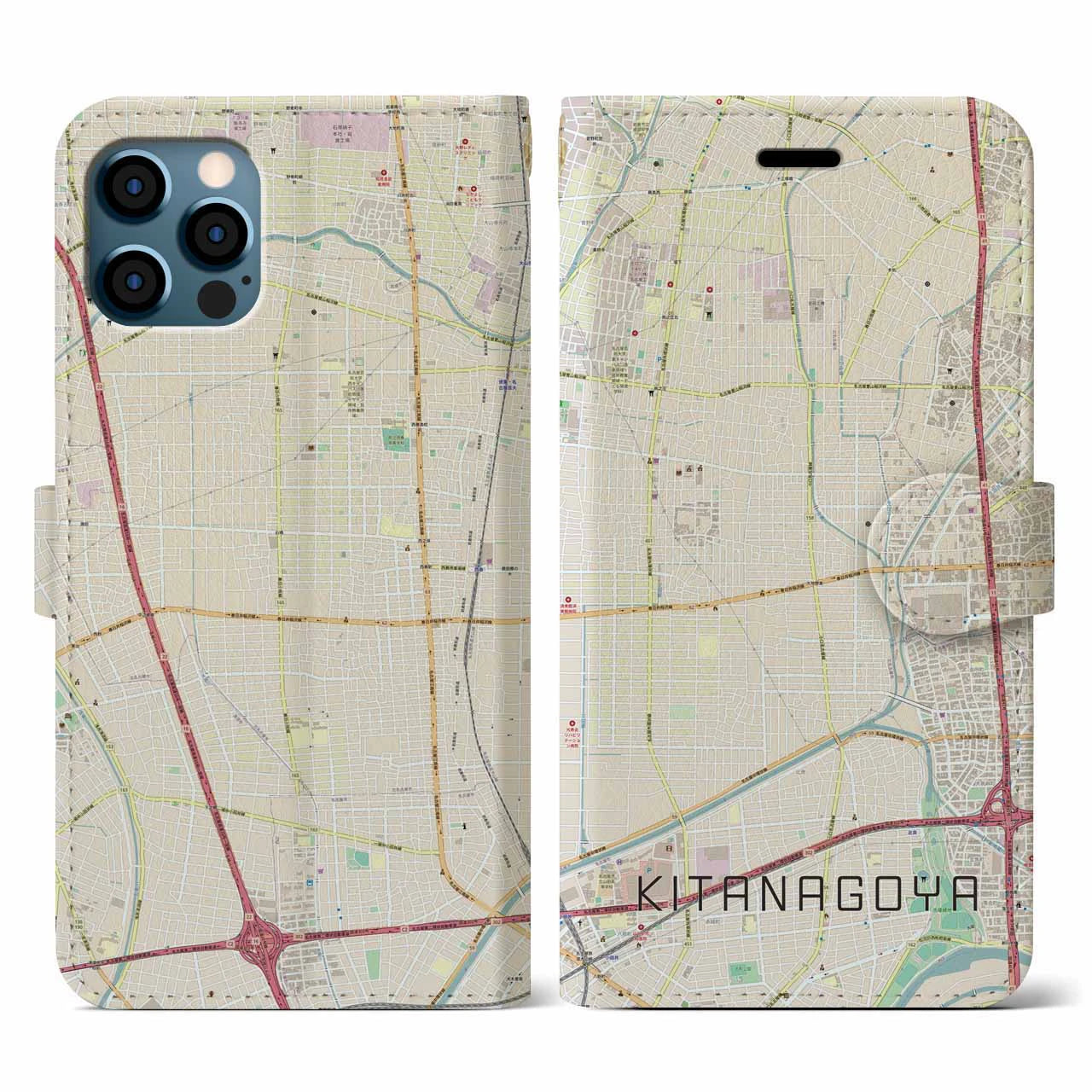 【北名古屋(愛知県)】地図柄iPhoneケース(手帳タイプ)ナチュラル・iPhone 12 / 12 Pro 用