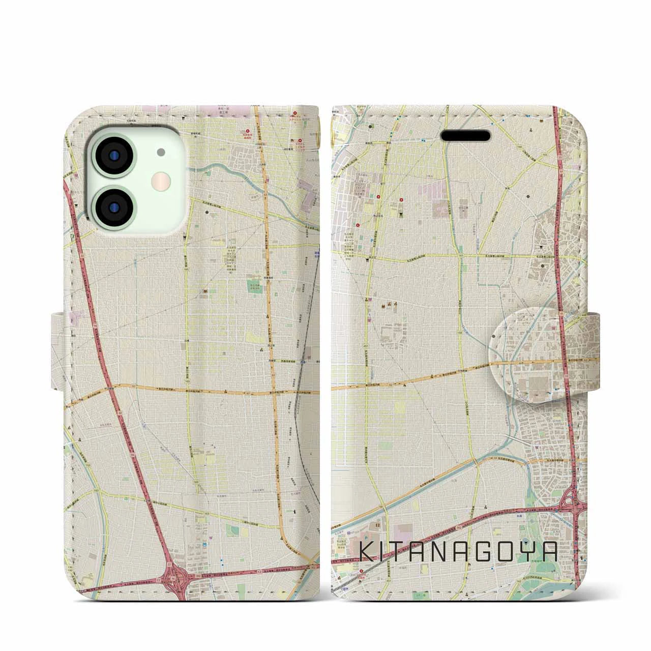 【北名古屋(愛知県)】地図柄iPhoneケース(手帳タイプ)ナチュラル・iPhone 12 mini 用