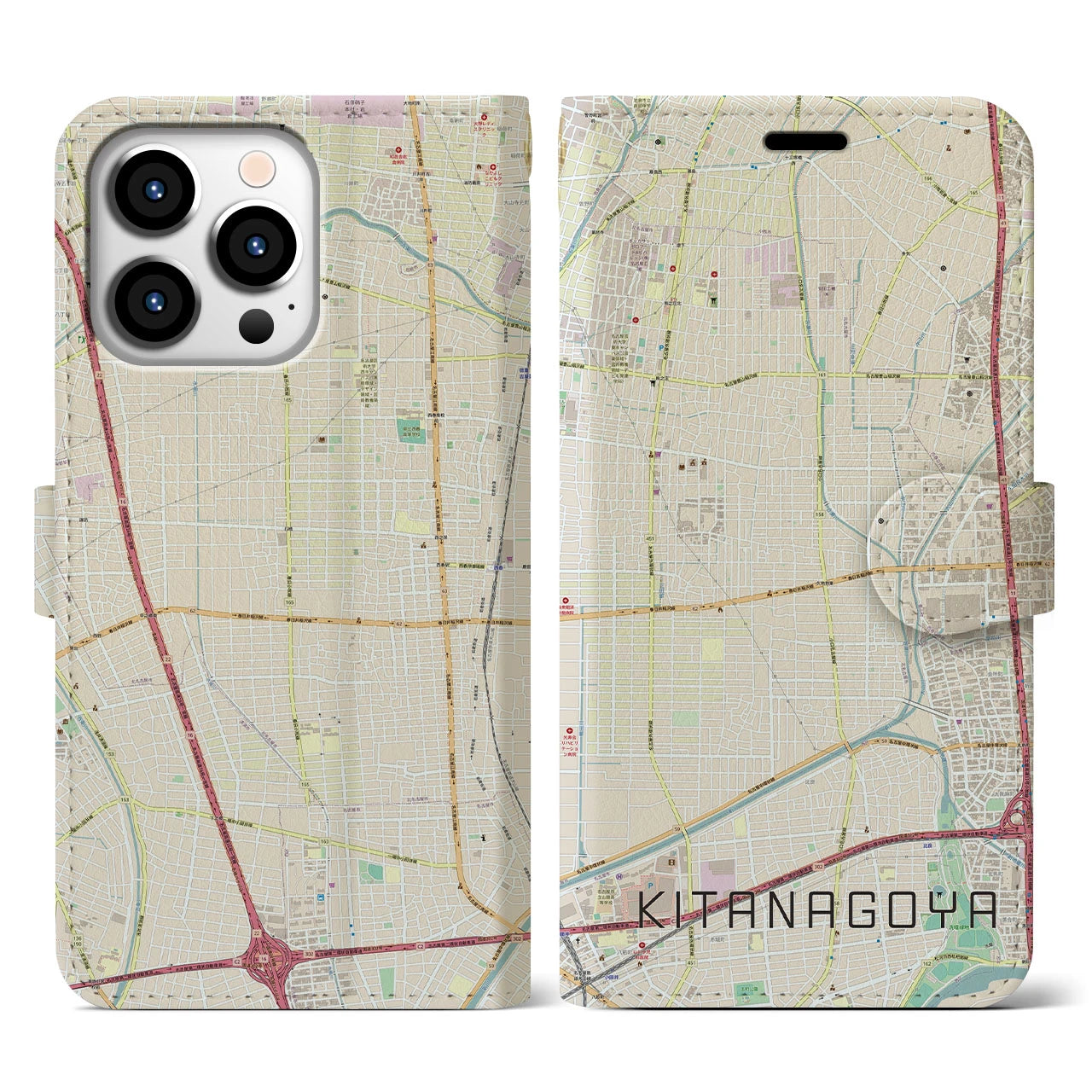 【北名古屋(愛知県)】地図柄iPhoneケース(手帳タイプ)ナチュラル・iPhone 13 Pro 用