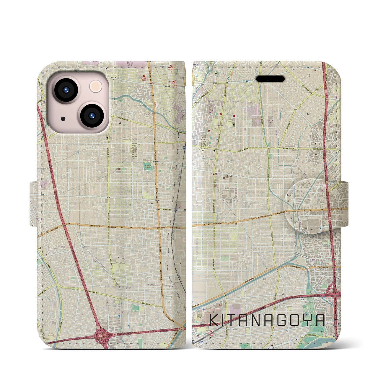 【北名古屋(愛知県)】地図柄iPhoneケース(手帳タイプ)ナチュラル・iPhone 13 mini 用