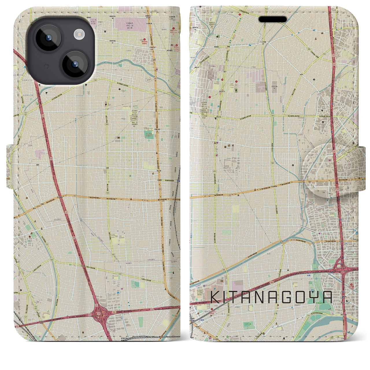 【北名古屋(愛知県)】地図柄iPhoneケース(手帳タイプ)ナチュラル・iPhone 14 Plus 用