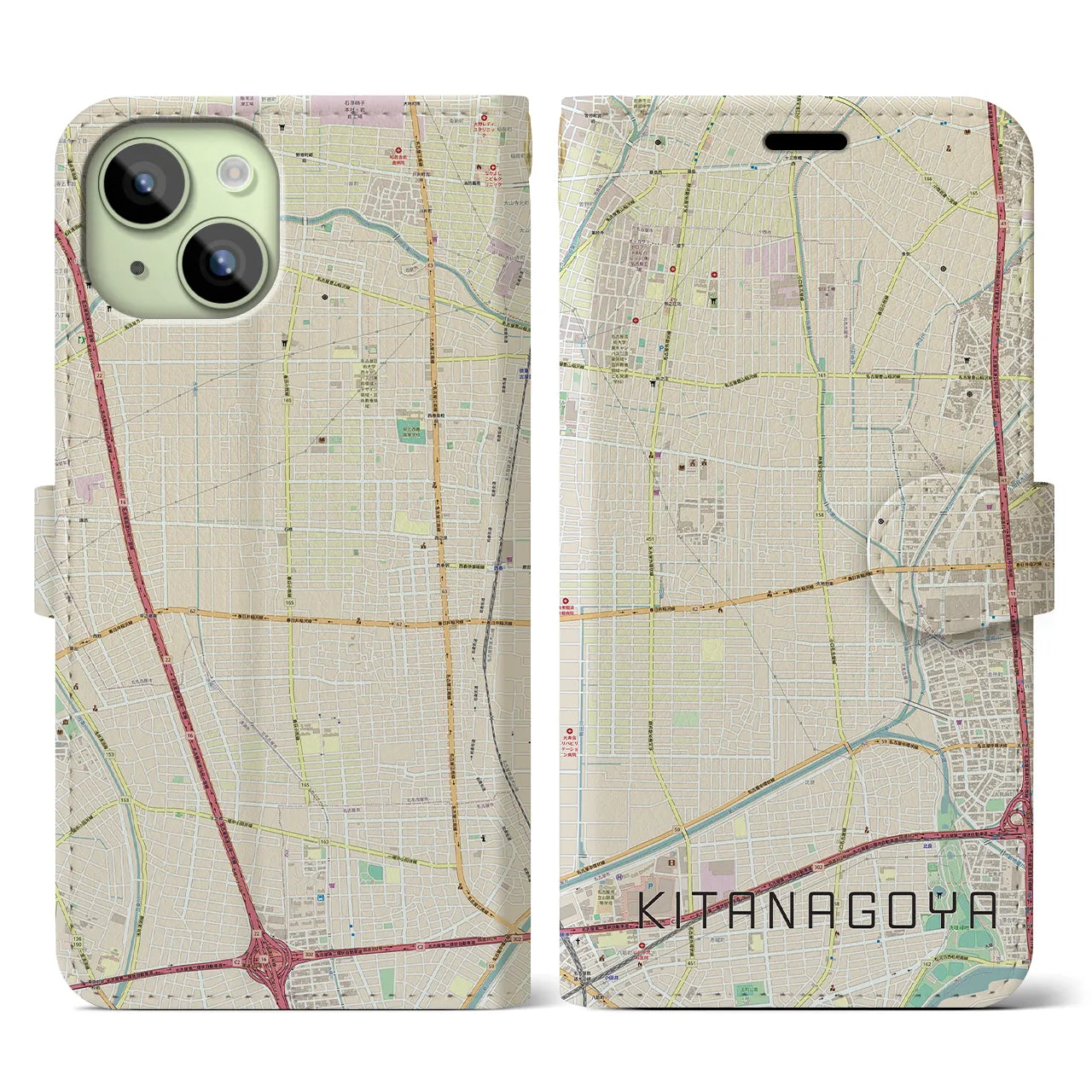 【北名古屋(愛知県)】地図柄iPhoneケース(手帳タイプ)ナチュラル・iPhone 15 用