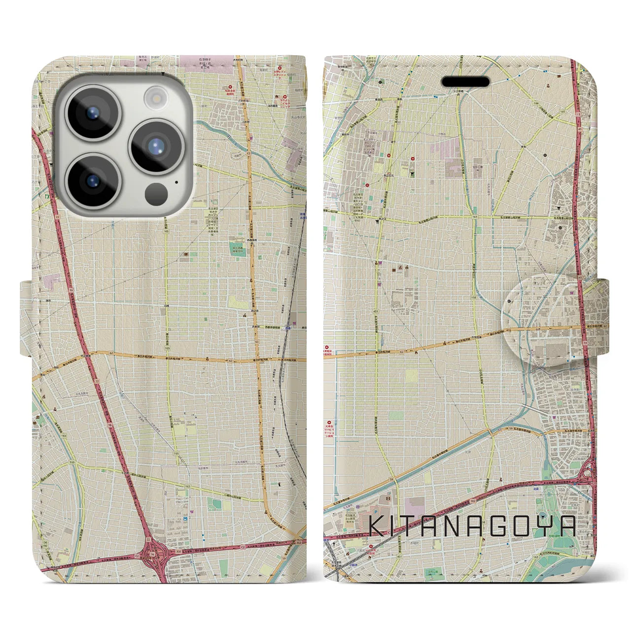 【北名古屋(愛知県)】地図柄iPhoneケース(手帳タイプ)ナチュラル・iPhone 15 Pro 用