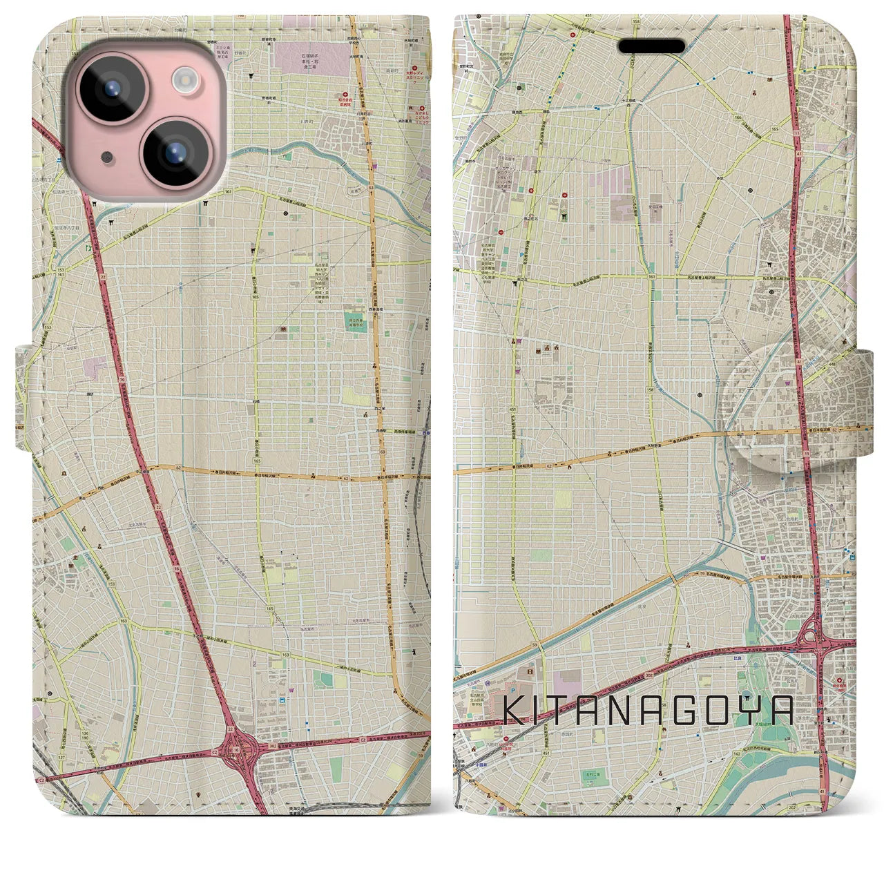 【北名古屋(愛知県)】地図柄iPhoneケース(手帳タイプ)ナチュラル・iPhone 15 Plus 用