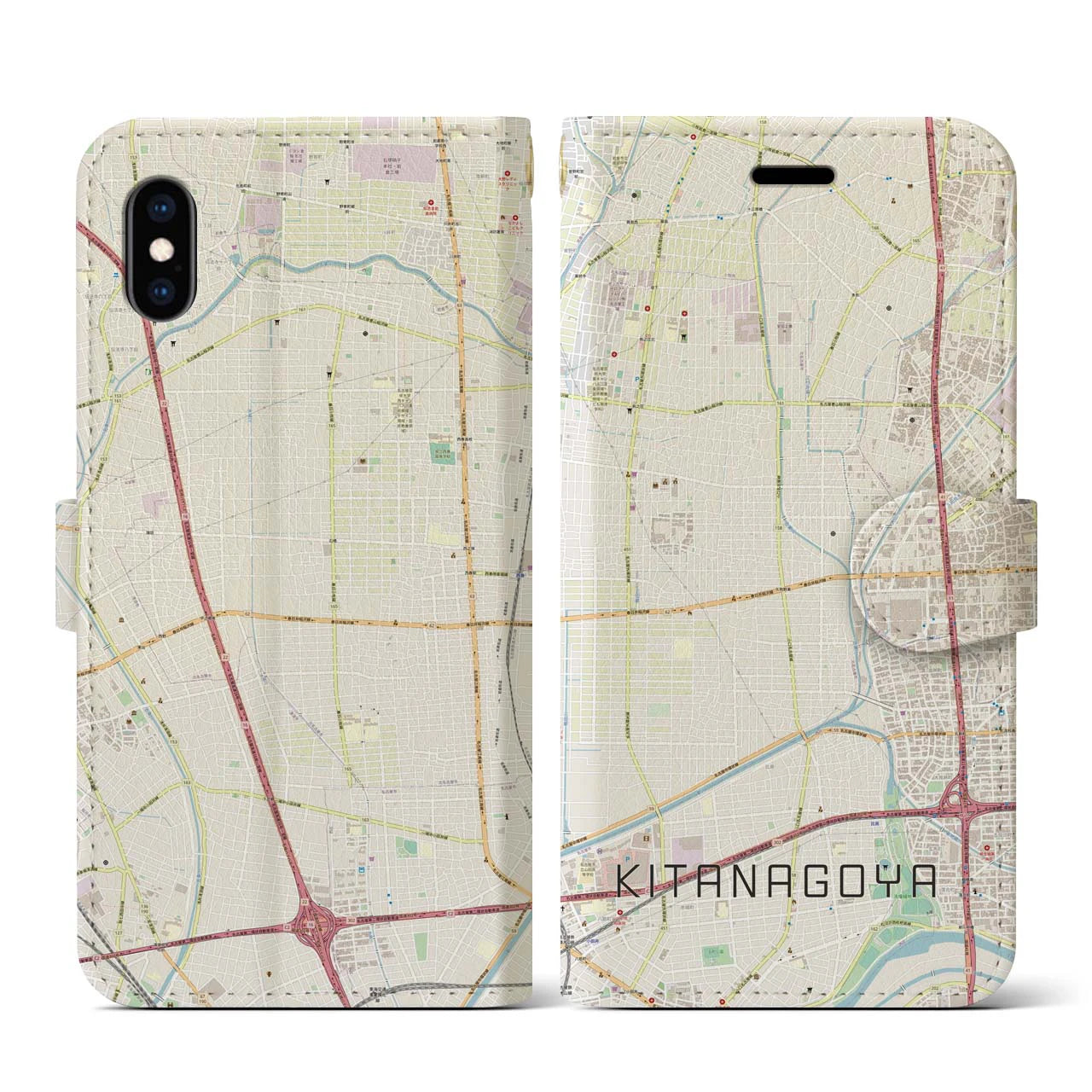 【北名古屋(愛知県)】地図柄iPhoneケース(手帳タイプ)ナチュラル・iPhone XS / X 用