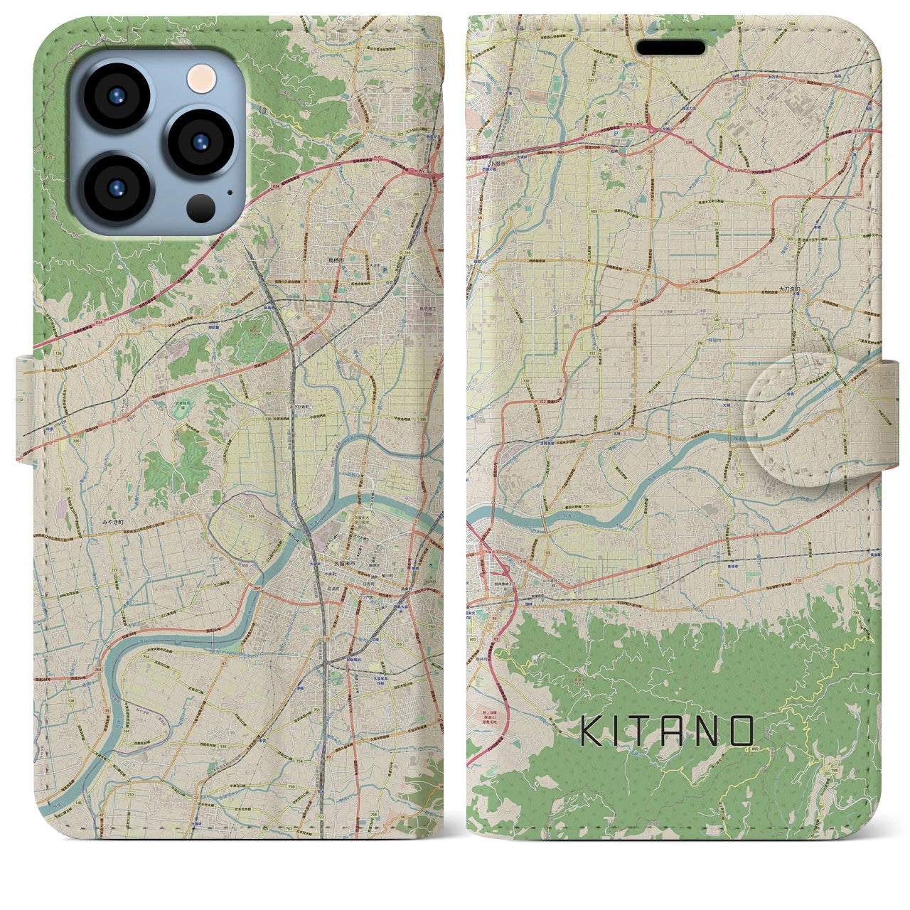 【北野(福岡県)】地図柄iPhoneケース(手帳タイプ)ナチュラル・iPhone 13 Pro Max 用