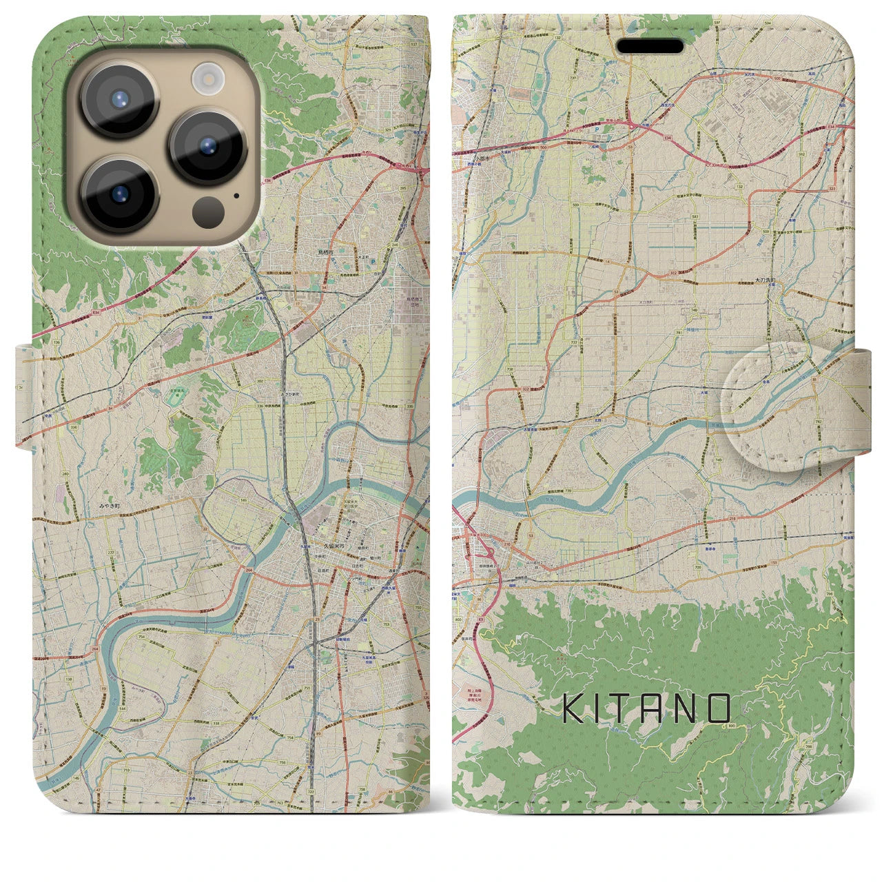 【北野(福岡県)】地図柄iPhoneケース(手帳タイプ)ナチュラル・iPhone 14 Pro Max 用