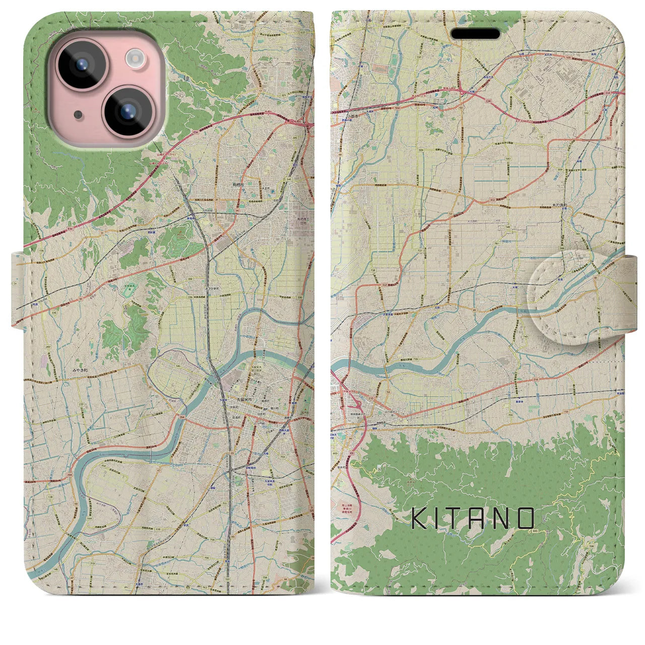 【北野(福岡県)】地図柄iPhoneケース(手帳タイプ)ナチュラル・iPhone 15 Plus 用