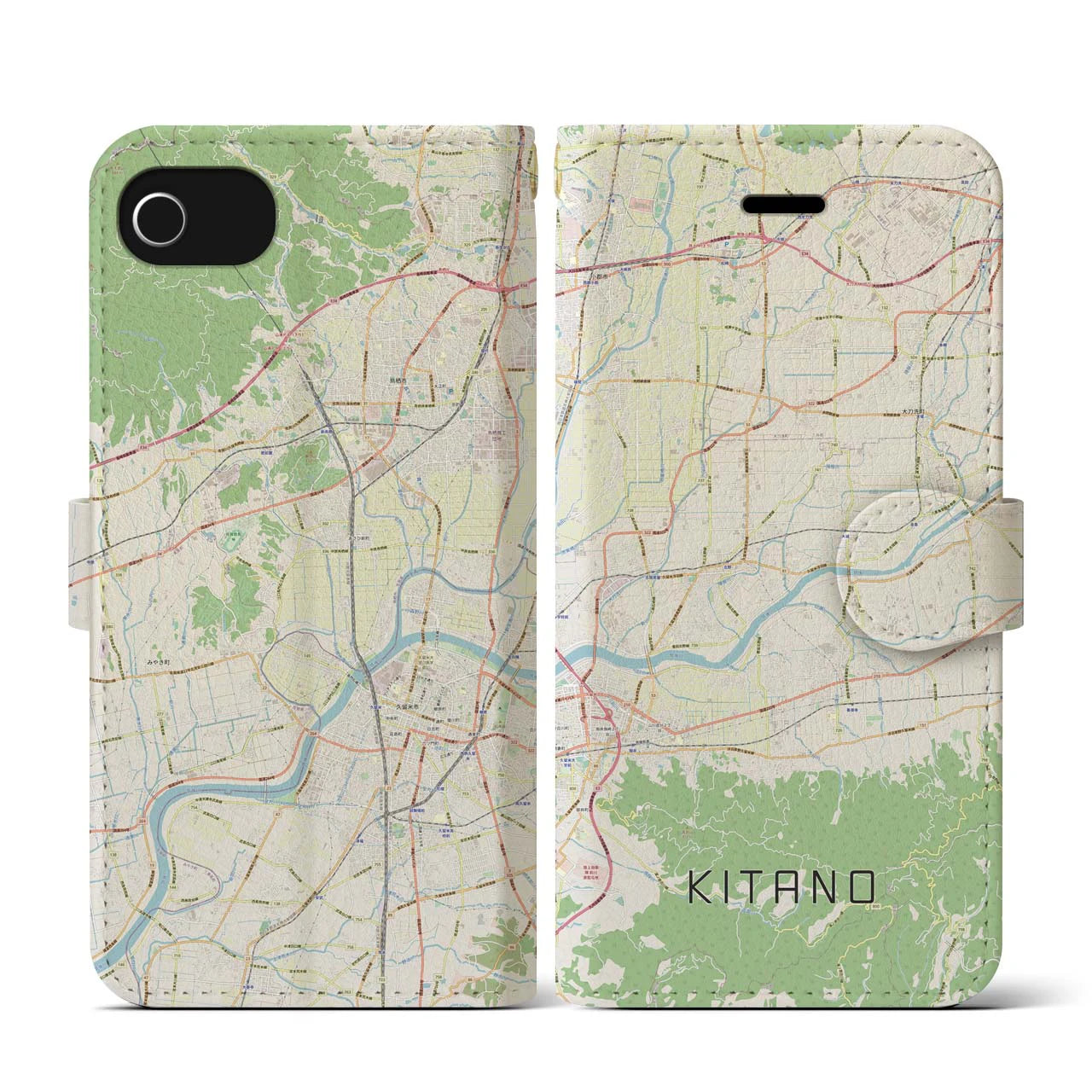【北野(福岡県)】地図柄iPhoneケース(手帳タイプ)ナチュラル・iPhone SE(第3 / 第2世代) / 8 / 7 / 6s / 6 用
