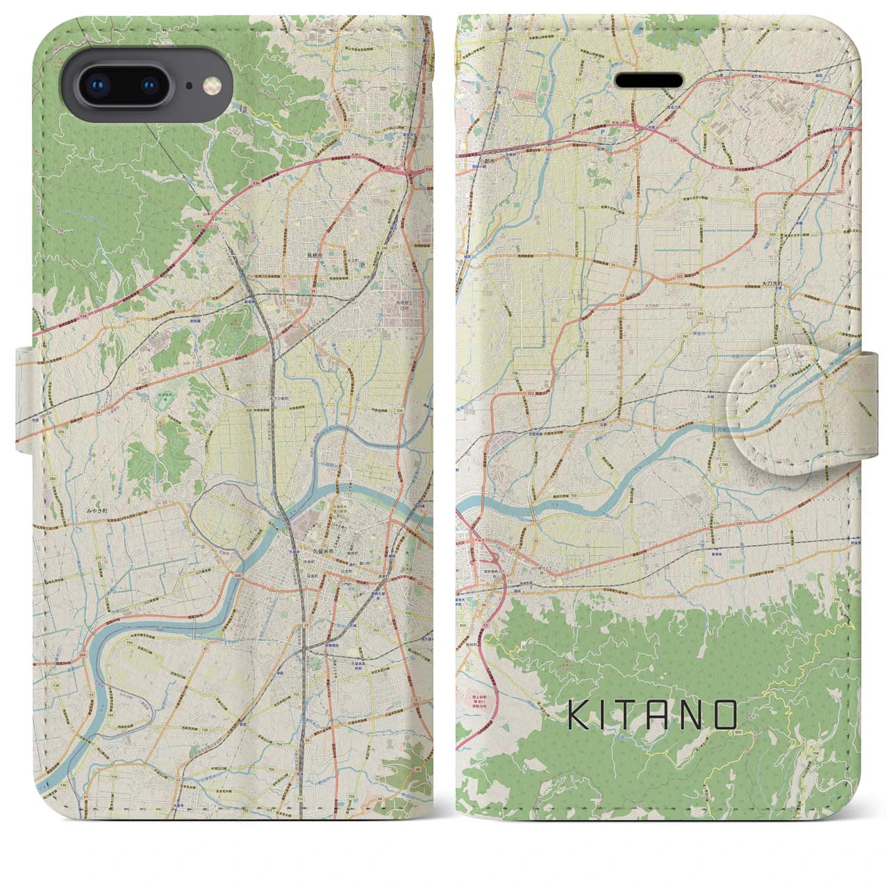【北野(福岡県)】地図柄iPhoneケース(手帳タイプ)ナチュラル・iPhone 8Plus /7Plus / 6sPlus / 6Plus 用