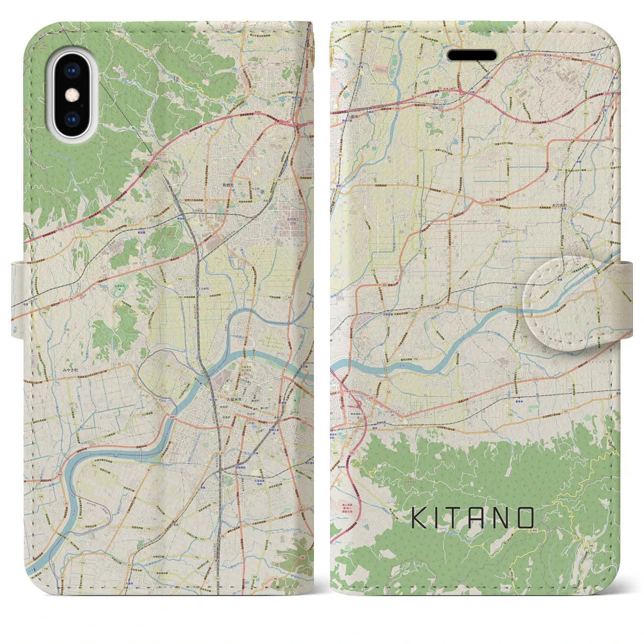 【北野(福岡県)】地図柄iPhoneケース(手帳タイプ)ナチュラル・iPhone XS Max 用