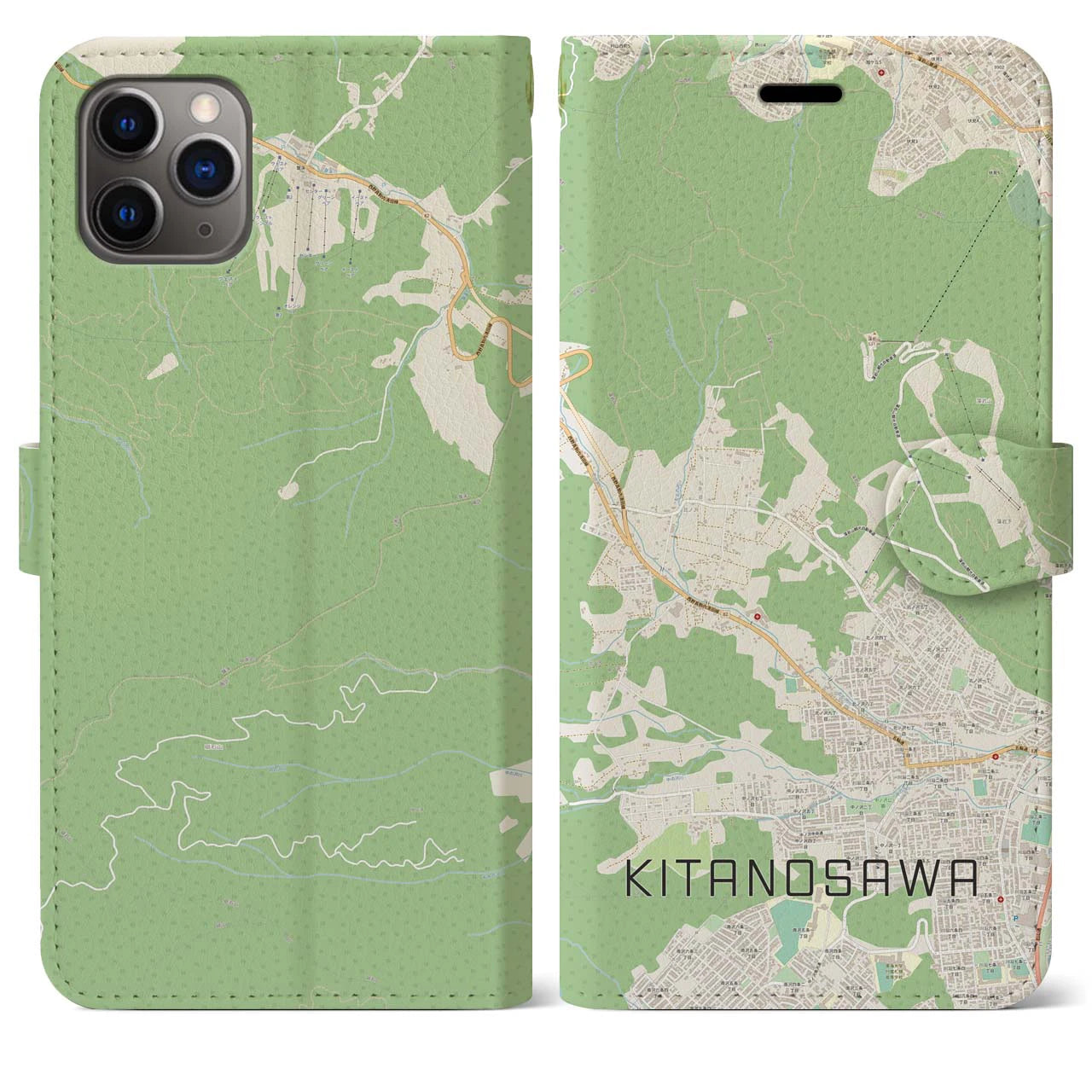 【北の沢(北海道)】地図柄iPhoneケース(手帳タイプ)ナチュラル・iPhone 11 Pro Max 用