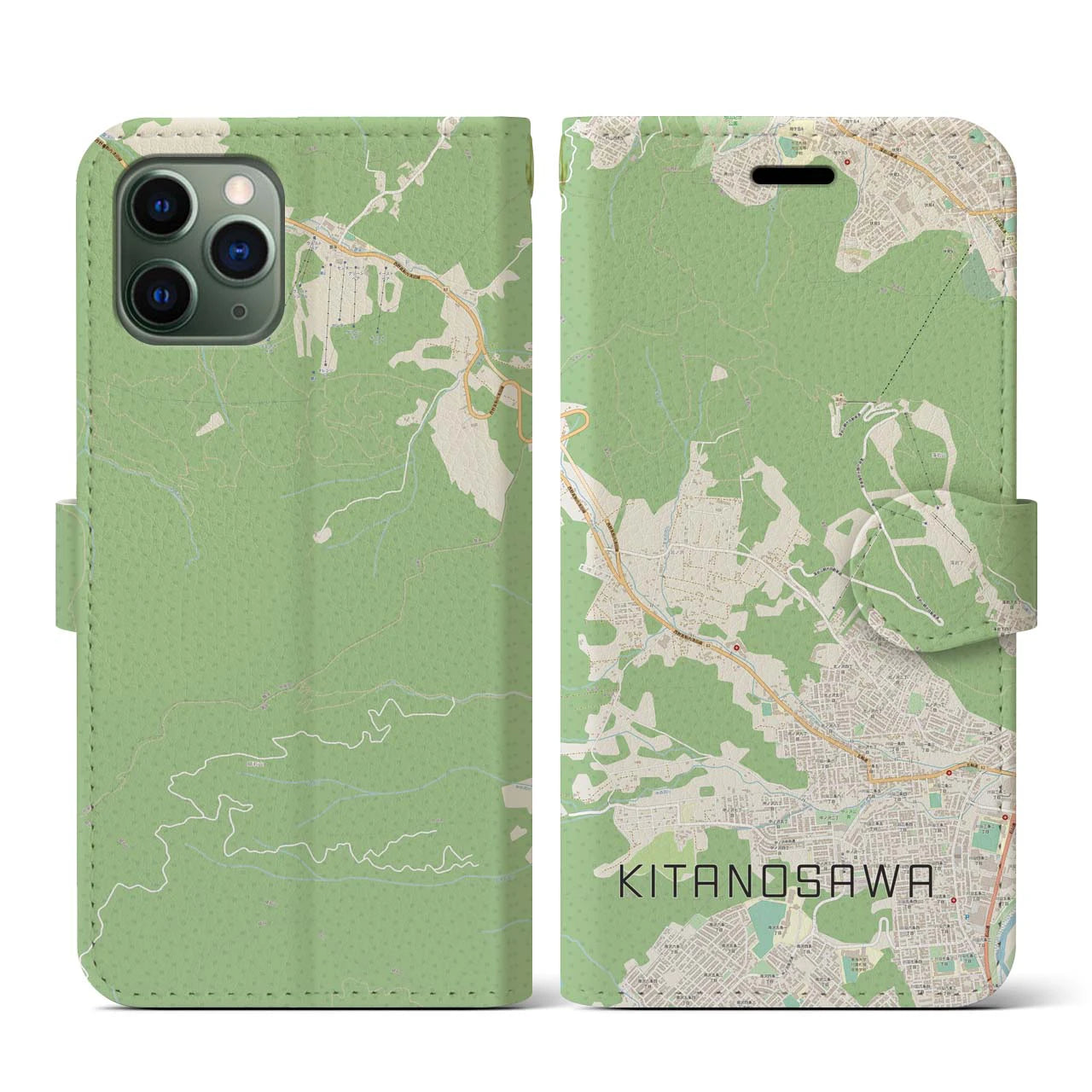 【北の沢(北海道)】地図柄iPhoneケース(手帳タイプ)ナチュラル・iPhone 11 Pro 用