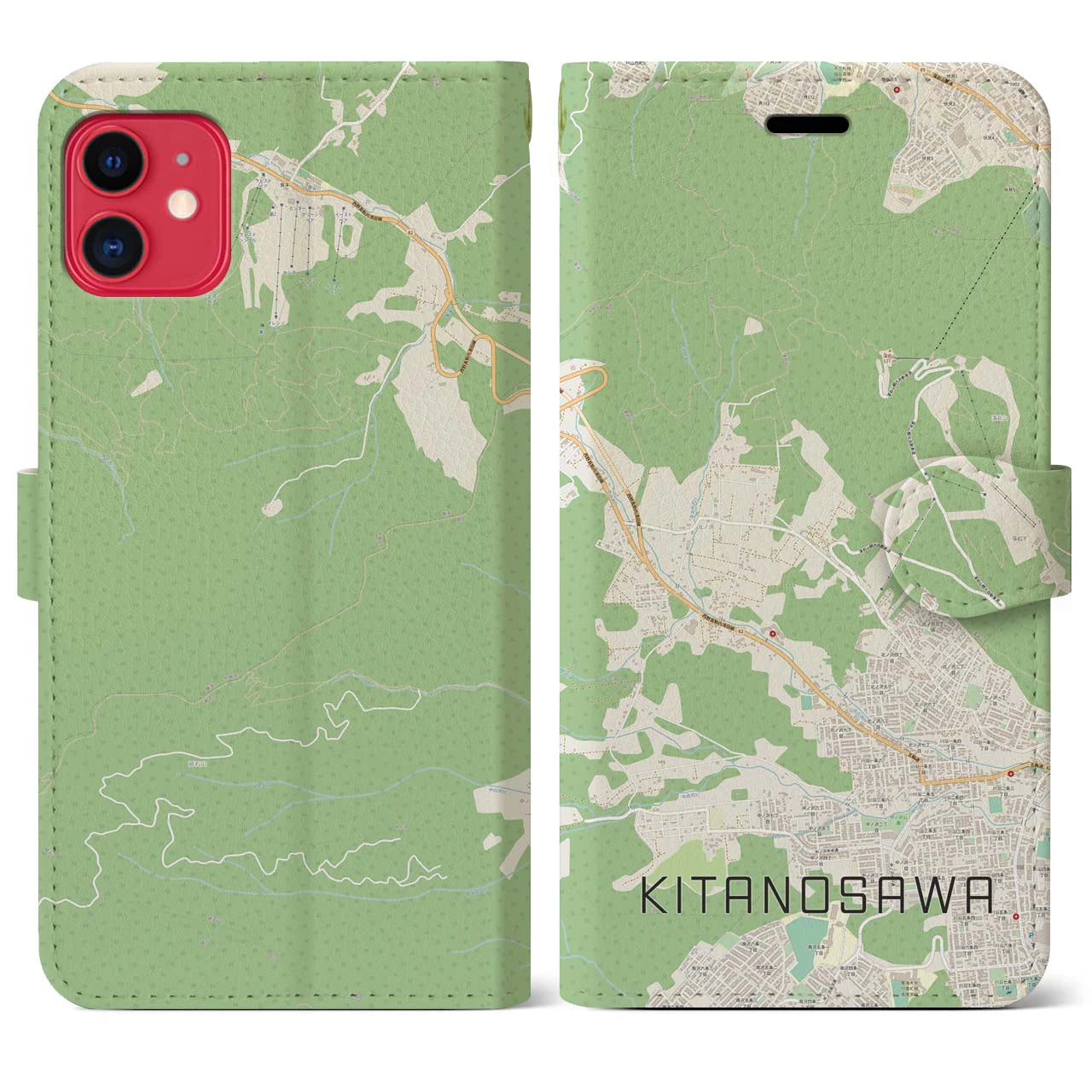 【北の沢(北海道)】地図柄iPhoneケース(手帳タイプ)ナチュラル・iPhone 11 用