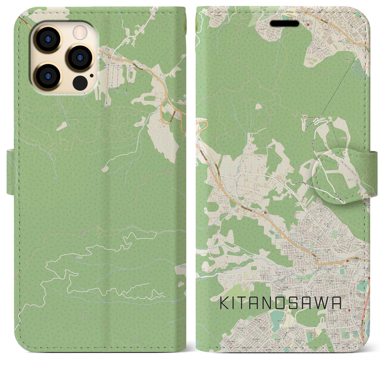 【北の沢(北海道)】地図柄iPhoneケース(手帳タイプ)ナチュラル・iPhone 12 Pro Max 用