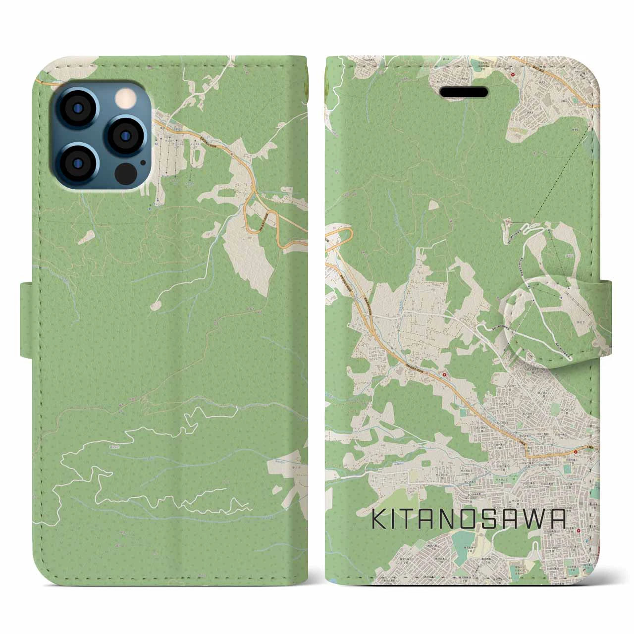 【北の沢(北海道)】地図柄iPhoneケース(手帳タイプ)ナチュラル・iPhone 12 / 12 Pro 用