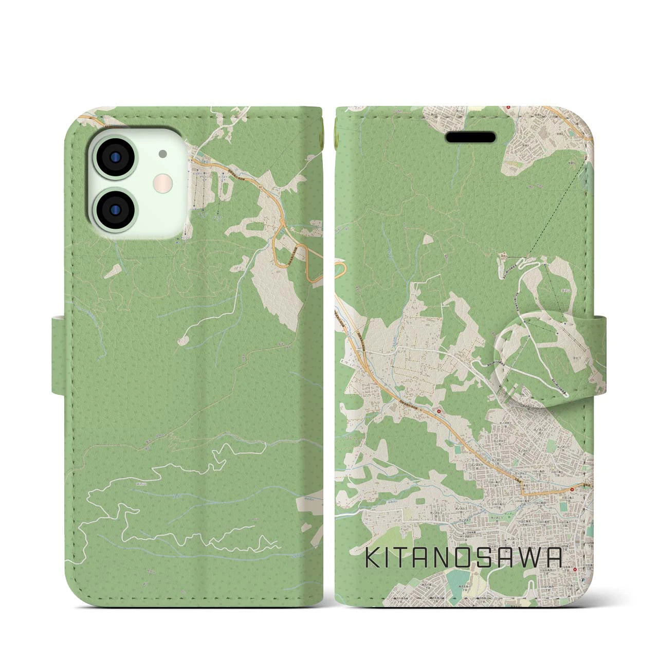 【北の沢(北海道)】地図柄iPhoneケース(手帳タイプ)ナチュラル・iPhone 12 mini 用