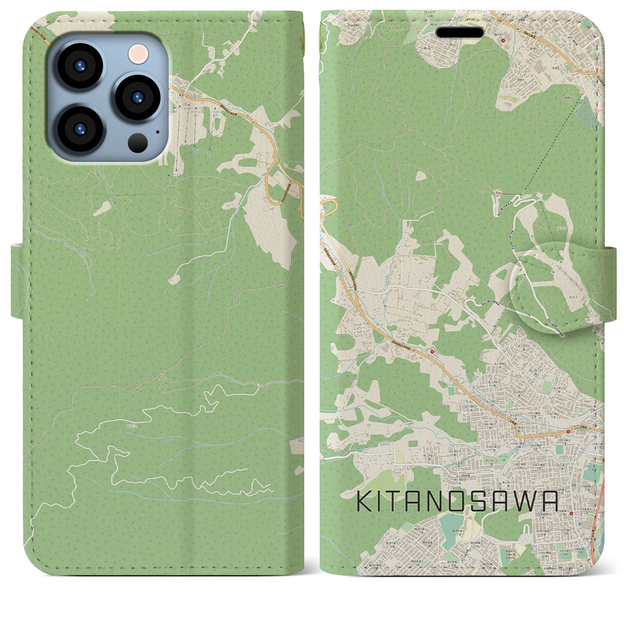 【北の沢(北海道)】地図柄iPhoneケース(手帳タイプ)ナチュラル・iPhone 13 Pro Max 用
