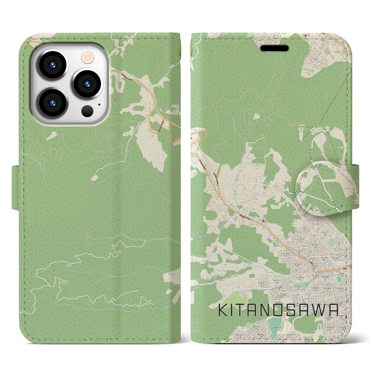 【北の沢(北海道)】地図柄iPhoneケース(手帳タイプ)ナチュラル・iPhone 13 Pro 用