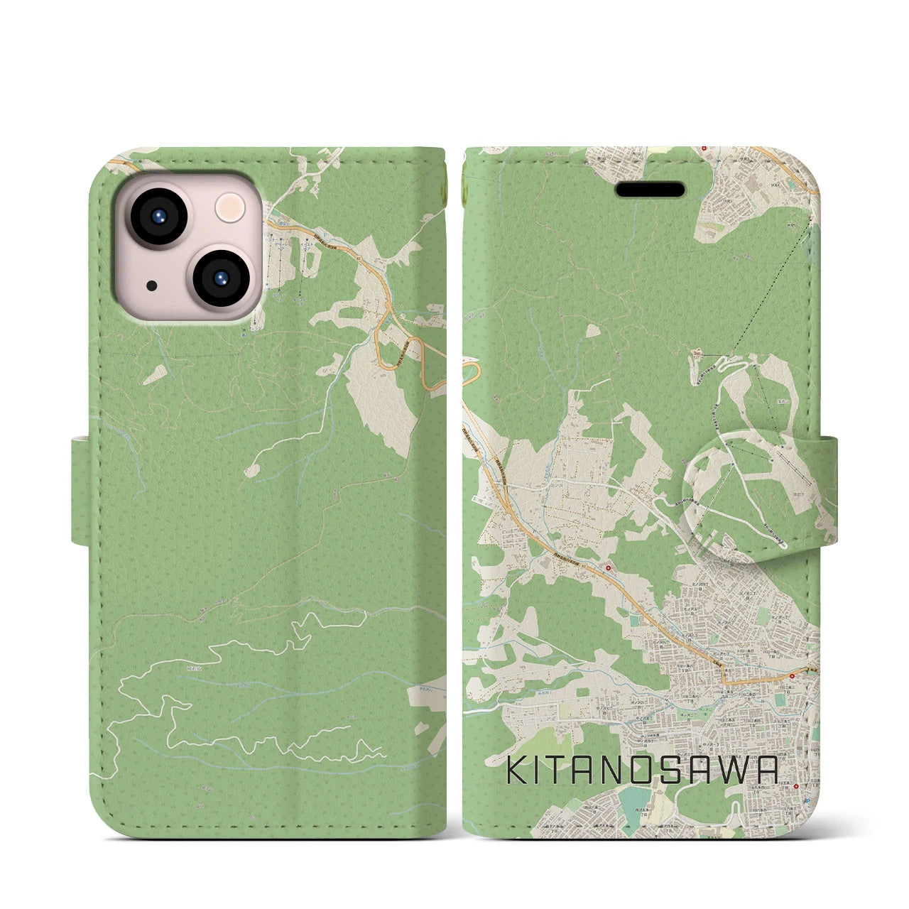 【北の沢(北海道)】地図柄iPhoneケース(手帳タイプ)ナチュラル・iPhone 13 mini 用