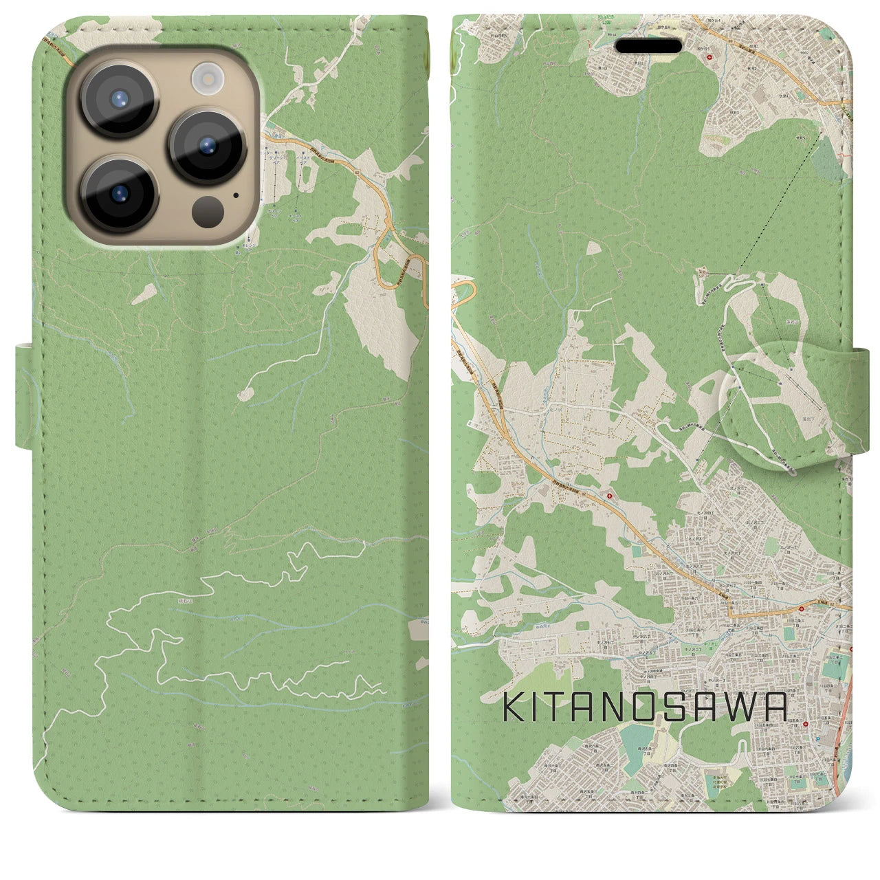 【北の沢(北海道)】地図柄iPhoneケース(手帳タイプ)ナチュラル・iPhone 14 Pro Max 用