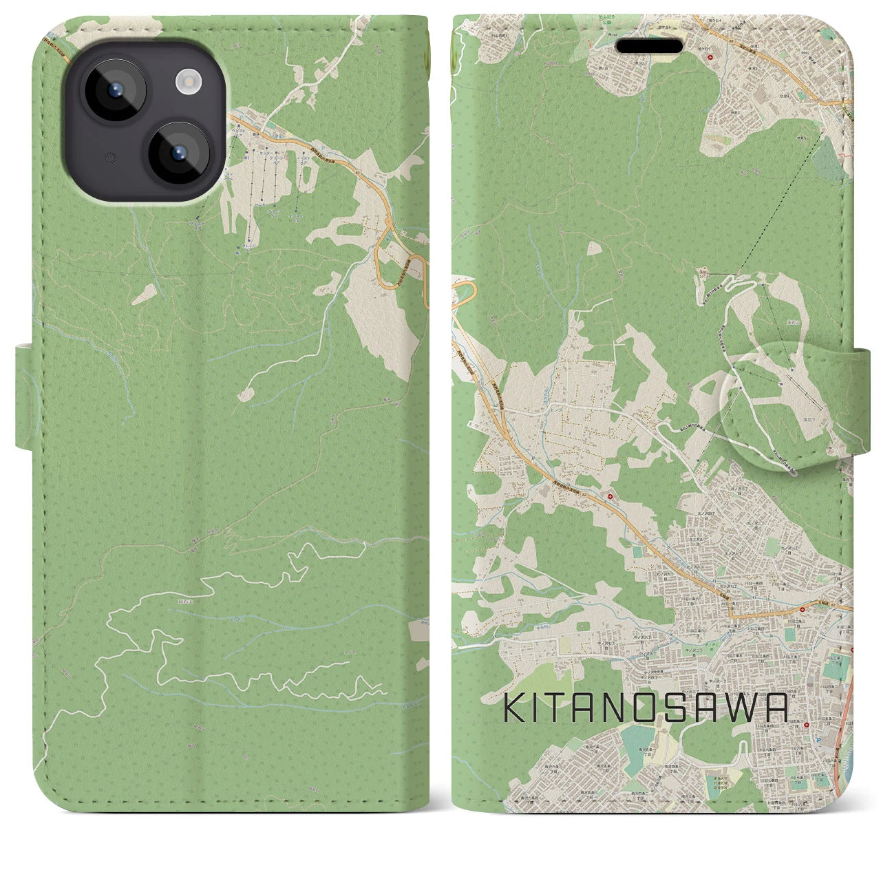 【北の沢(北海道)】地図柄iPhoneケース(手帳タイプ)ナチュラル・iPhone 14 Plus 用