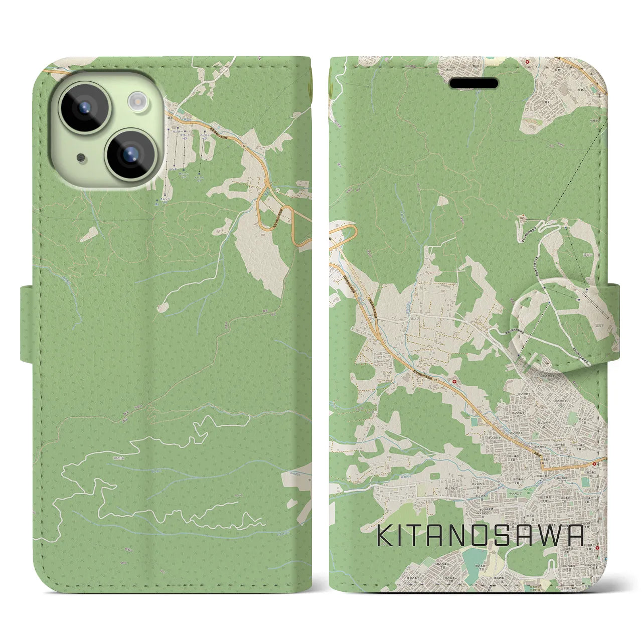 【北の沢(北海道)】地図柄iPhoneケース(手帳タイプ)ナチュラル・iPhone 15 用